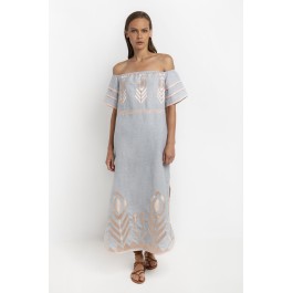 Greek Archaic Kori Long Feather Strapless Dress - light grey and pink