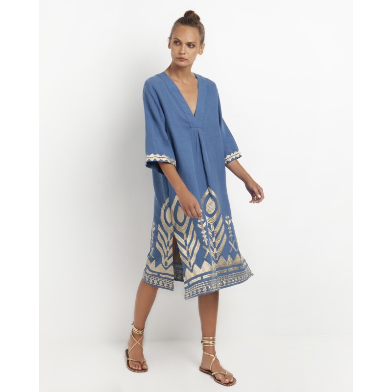 Greek Archaic Kori Feather Chevron Dress - Indigo and Gold