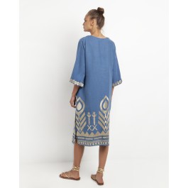 Greek Archaic Kori Feather Chevron Dress - Indigo and Gold