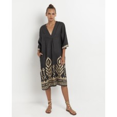 Greek Archaic Kori Feather Chevron Dress - Charcoal and Gold