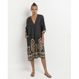 Greek Archaic Kori Feather Chevron Dress - Charcoal and Gold