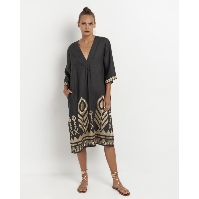 Greek Archaic Kori Feather Chevron Dress - Charcoal and Gold