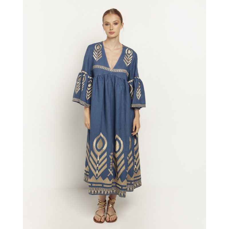 Greek Archaic Kori Long Feather Bell Sleeve - Indigo and Gold