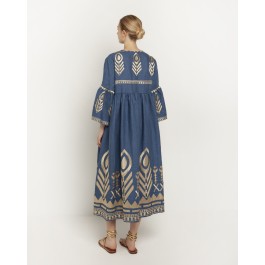 Greek Archaic Kori Long Feather Bell Sleeve - Indigo and Gold