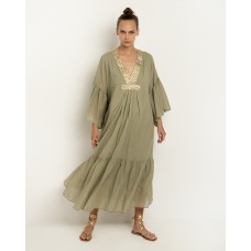 Greek Archaic Kori  - Ruffled Maxi dress - tea and gold