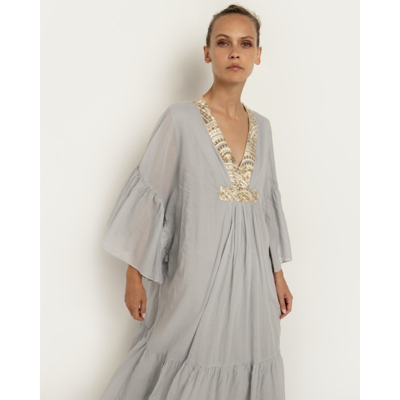 Greek Archaic Kori  - Ruffled Maxi dress - light grey and gold