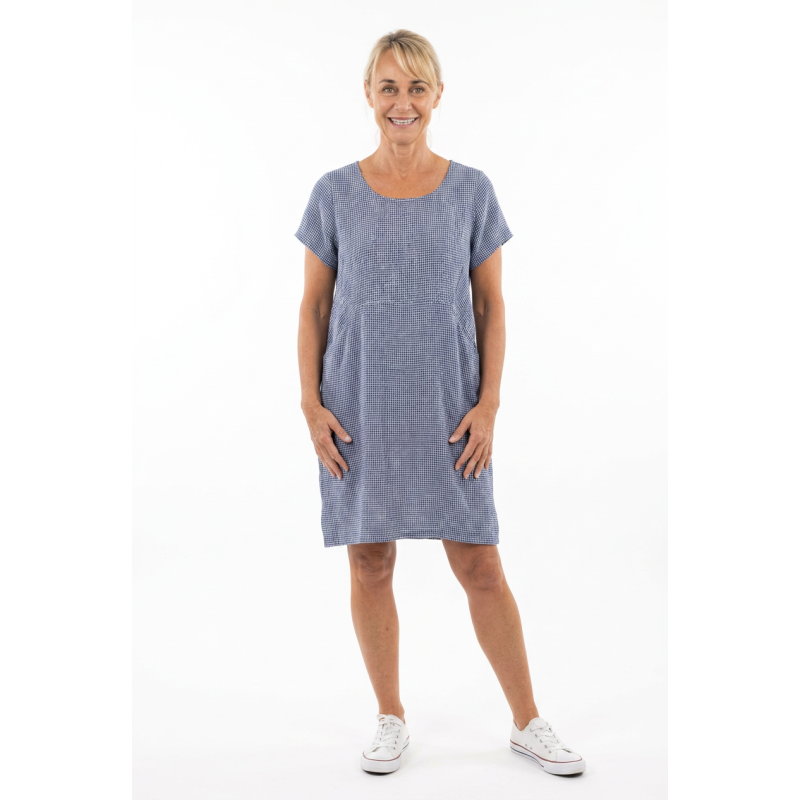 Linseed Designs Molly Dress navy blue and white micro check