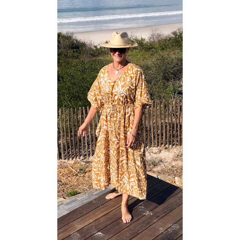 Lissie Lulu Callala Kaftan dress -  Ochre and white 