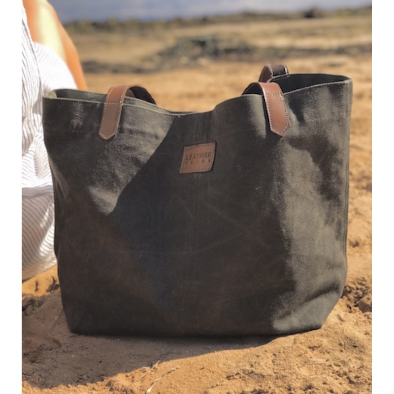 WAXED Canvas Tote Bag - OLIVE GREEN - Leather Straps WAXED Canvas Tote Bag - OLIVE GREEN - Leather Straps