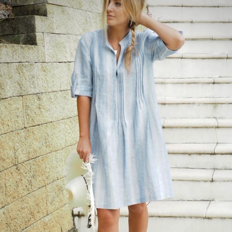 Sara Linen & Cotton Dress - blue stripes Sara Linen & Cotton Dress - blue stripes
