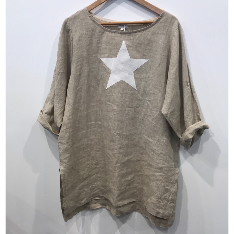 Linseed Linen Tunic Top - Stone, White Star Linseed Linen Tunic Top - Stone, White Star